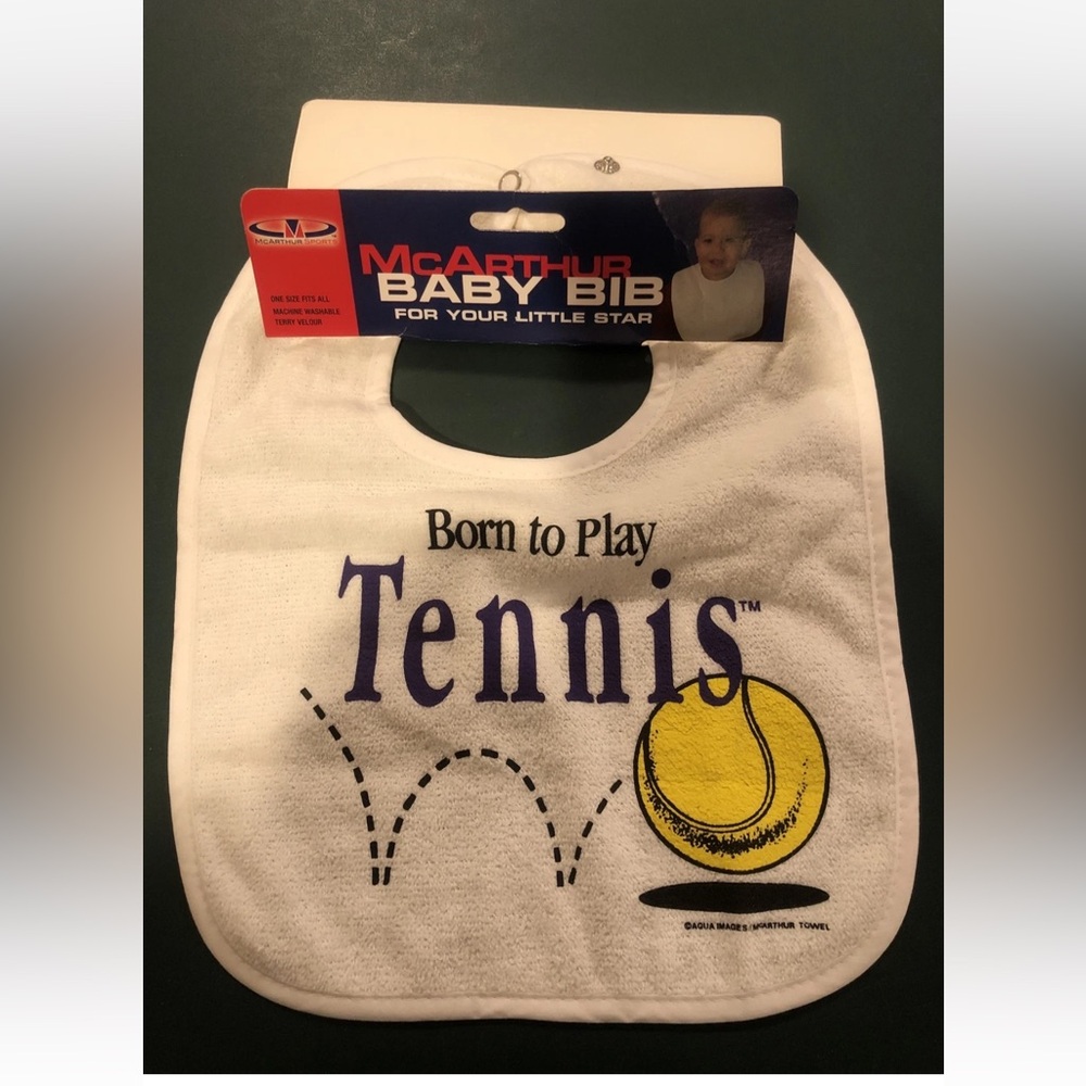 McArthur Little Tennis Fan baby Infant Child Bib Born To Play Tennis 100% Cotton